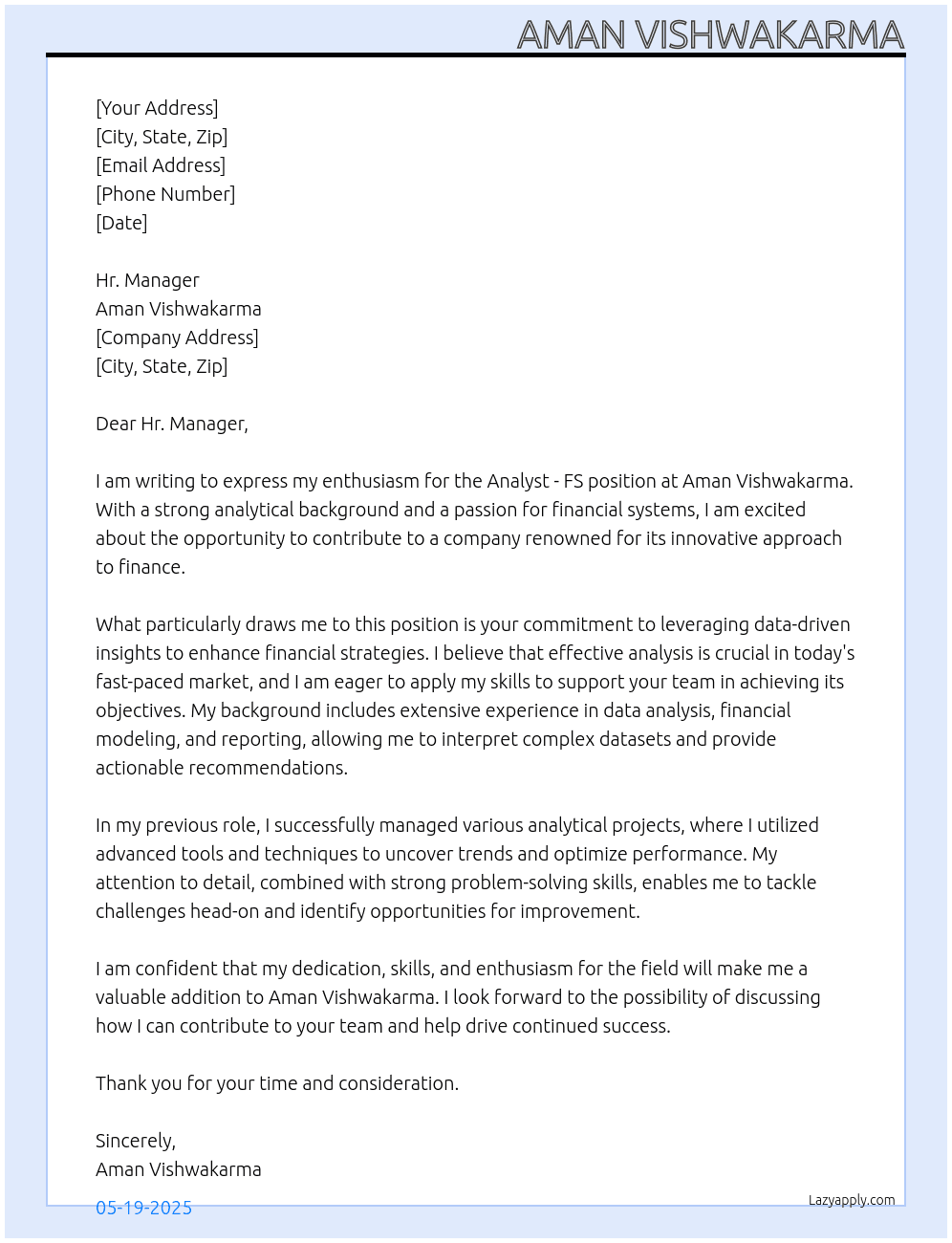 Cover letter for analyst - fs - LazyApply