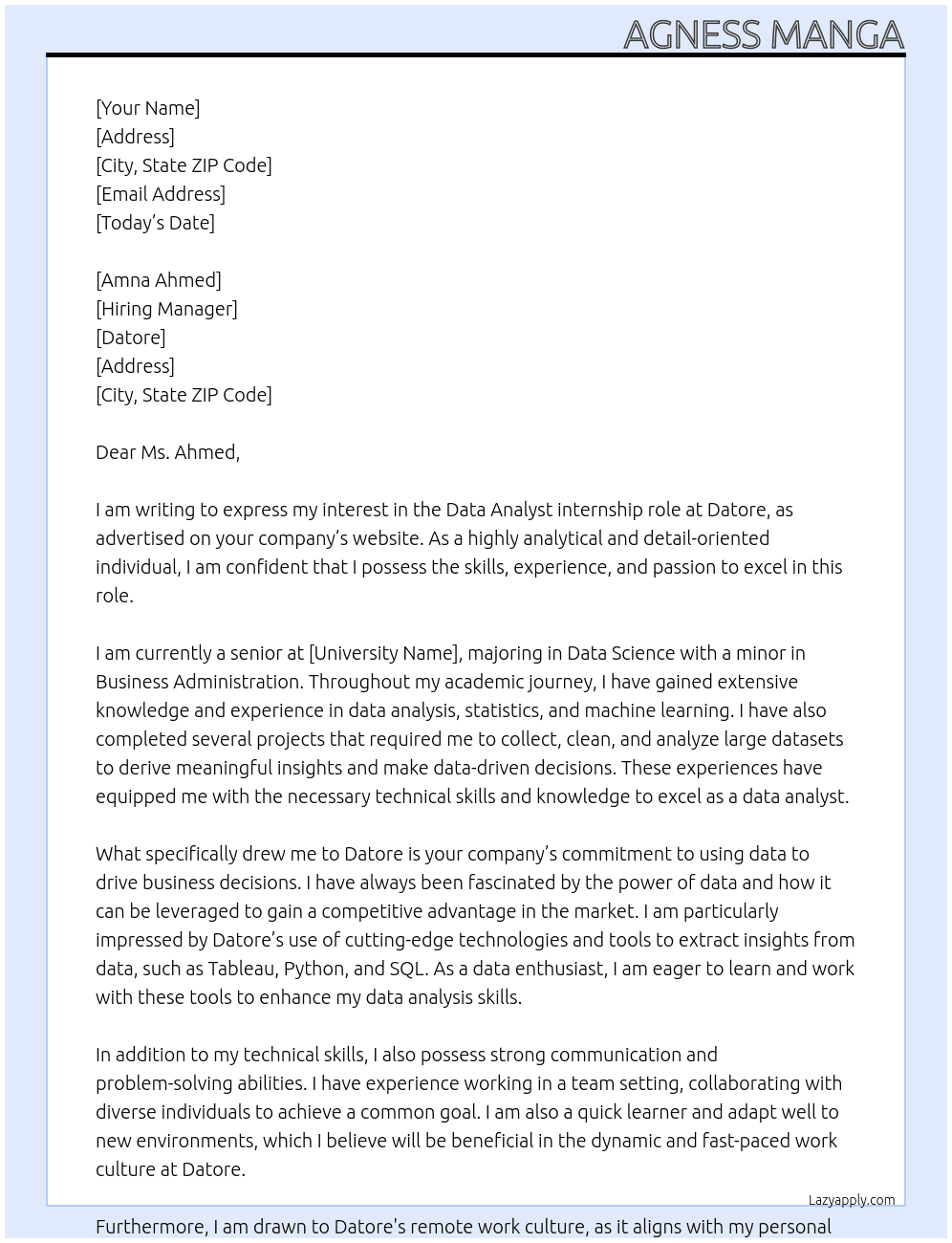 Data Analyst At Datore Cover Letter