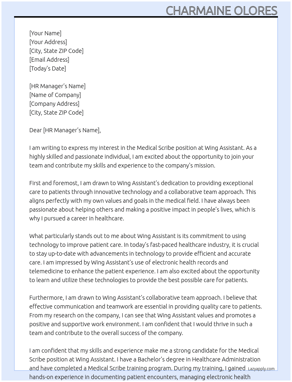 Medical Scribe At Wing Assistant Cover Letter