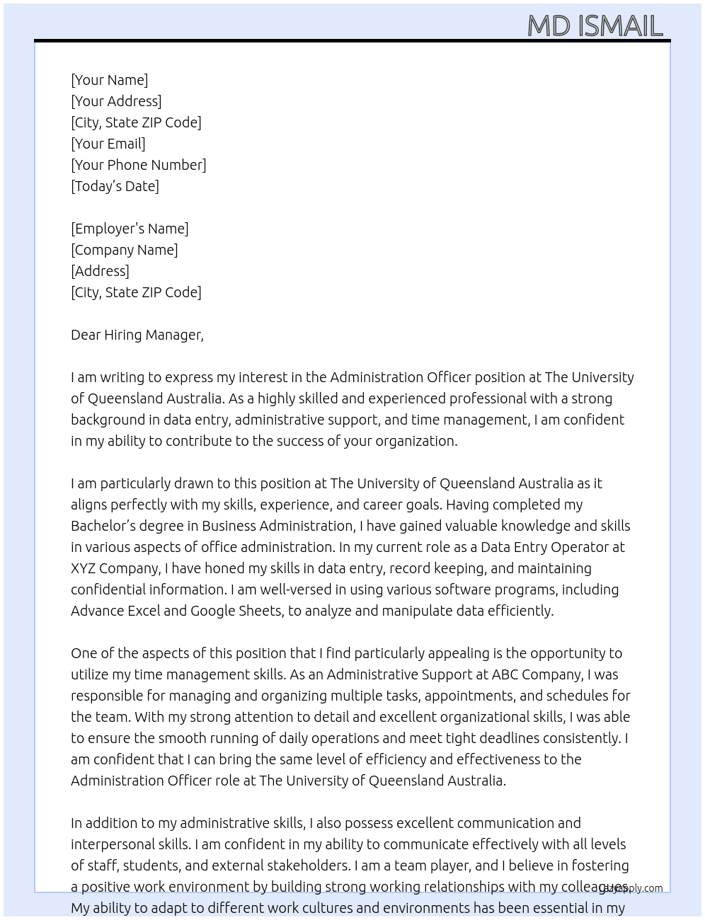 Administration Officer  At The University of Queensland Australia  Cover Letter