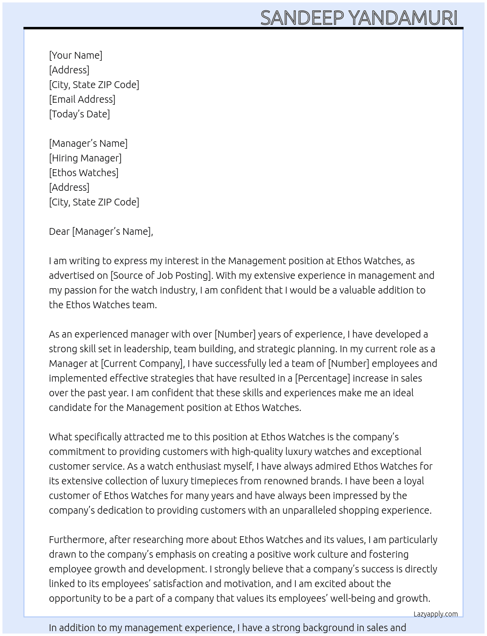 Management  At Ethos watches Cover Letter