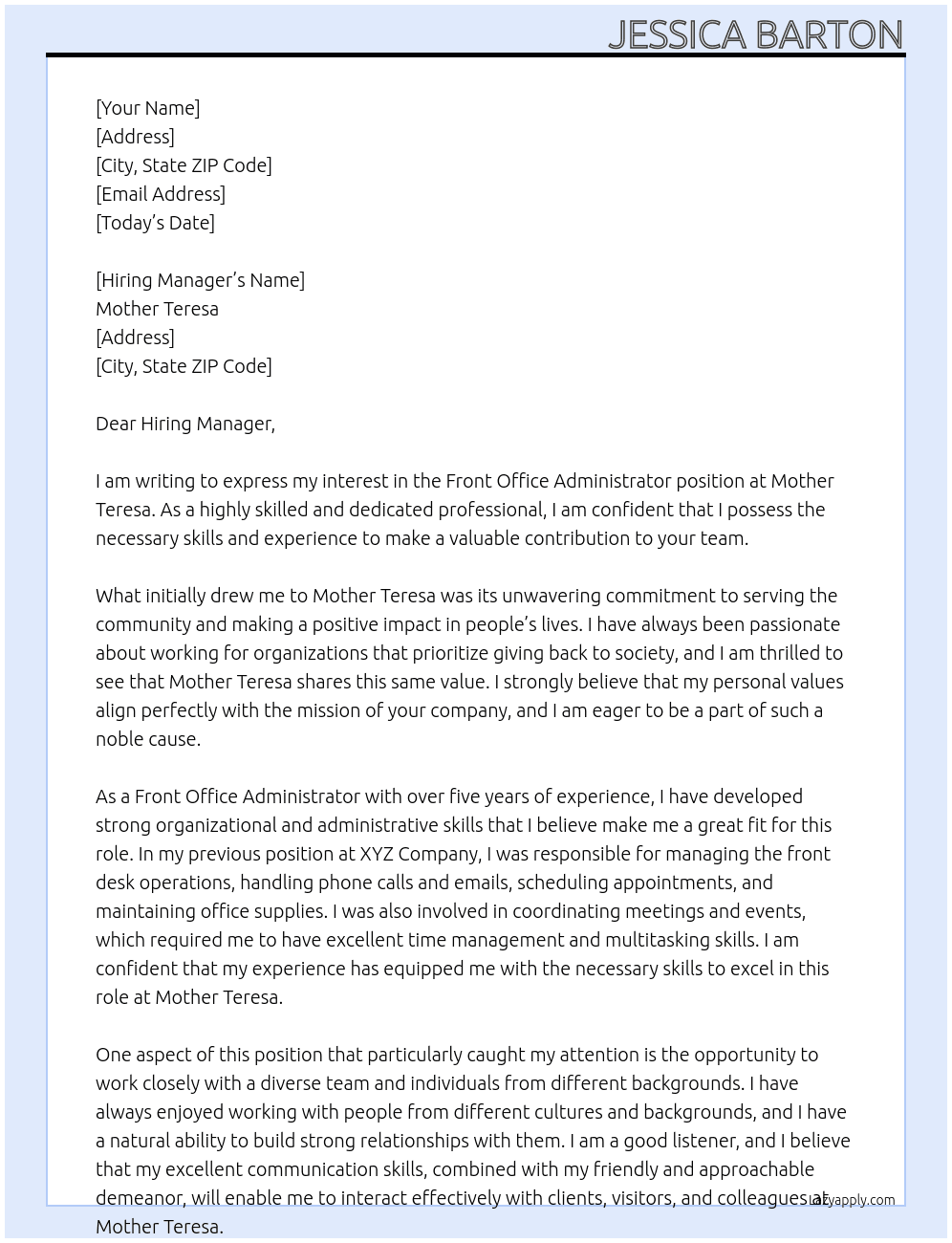 Front Office Administrator  At Mother Teresa  Cover Letter