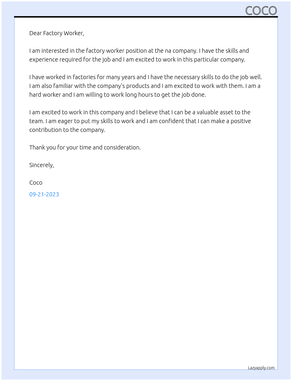 Factory worker At na Cover Letter