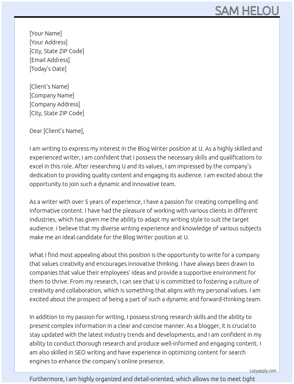 Blog writer At U Cover Letter
