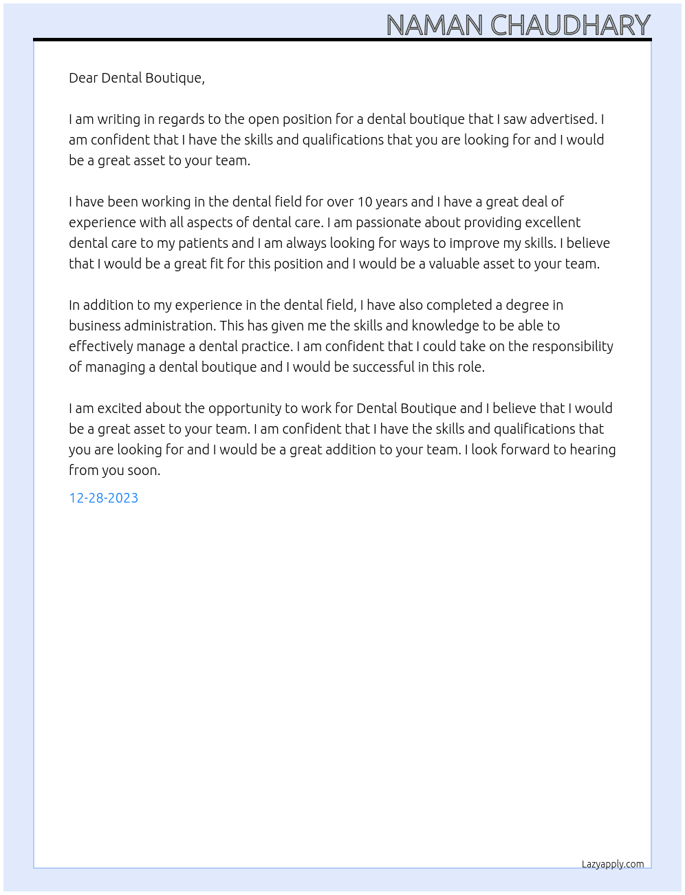 Dental Boutique At Dental Boutique Cover Letter