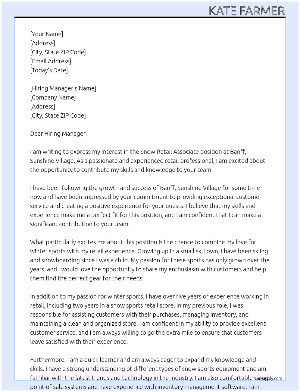 Snow Retail Associate At Banff, Sunshine Village Cover Letter