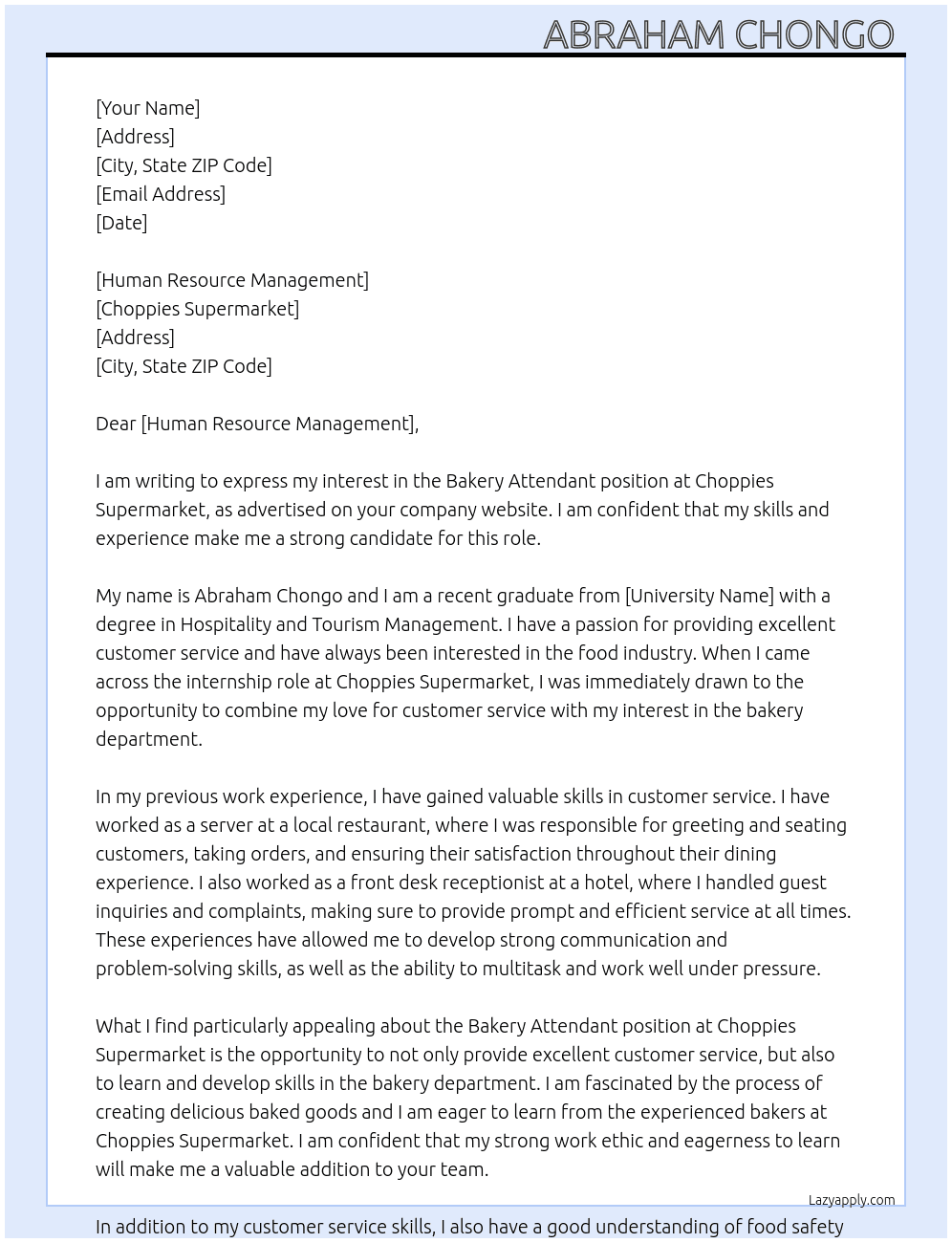 Bakery attendant  At Choppies supermarket  Cover Letter