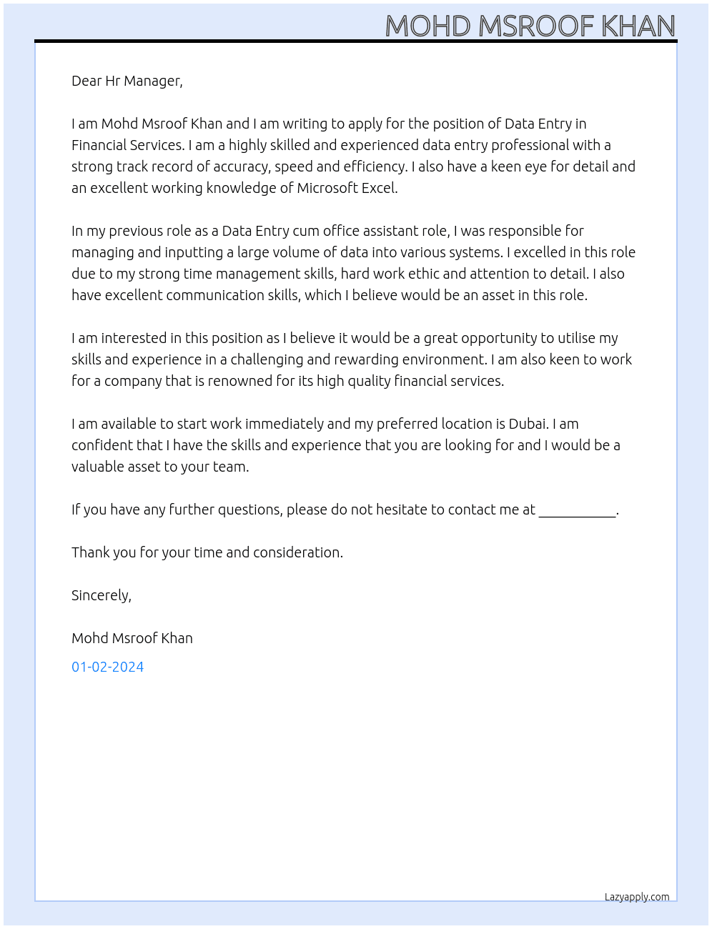 Data Entry At Financial Services Cover Letter