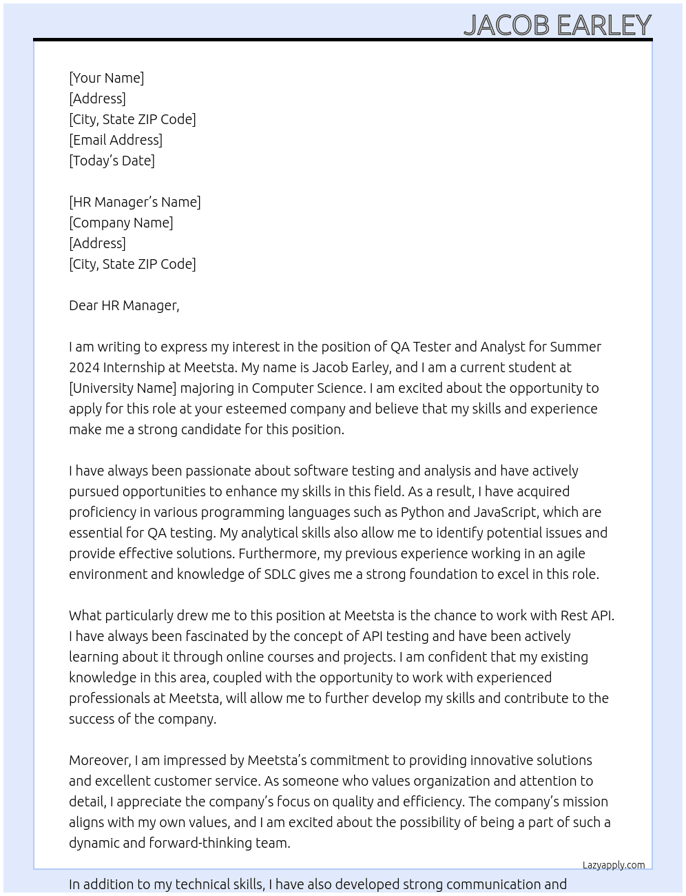 QA Tester and Analyst (Summer 2024 Intern) At Meetsta Cover Letter