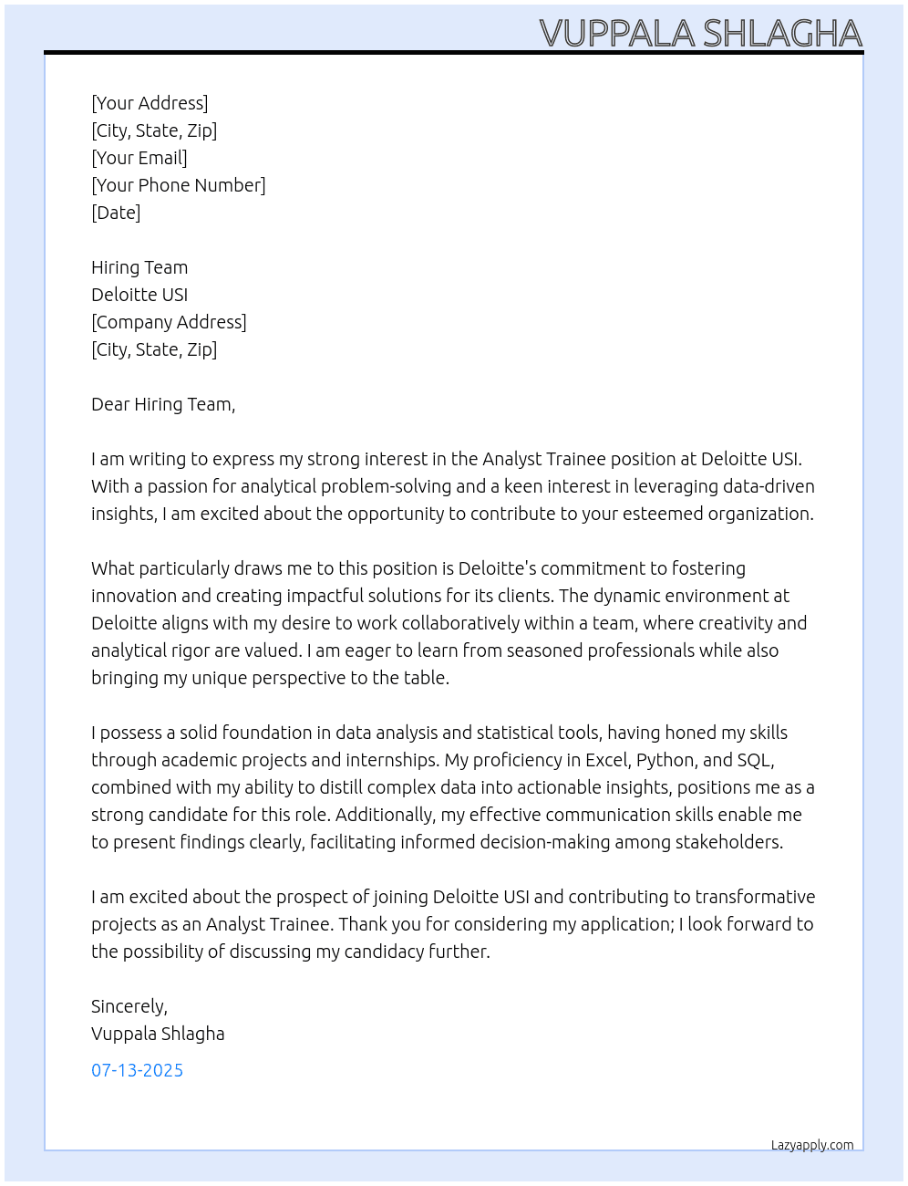 Analyst Trainee At Deloitte USI Cover Letter