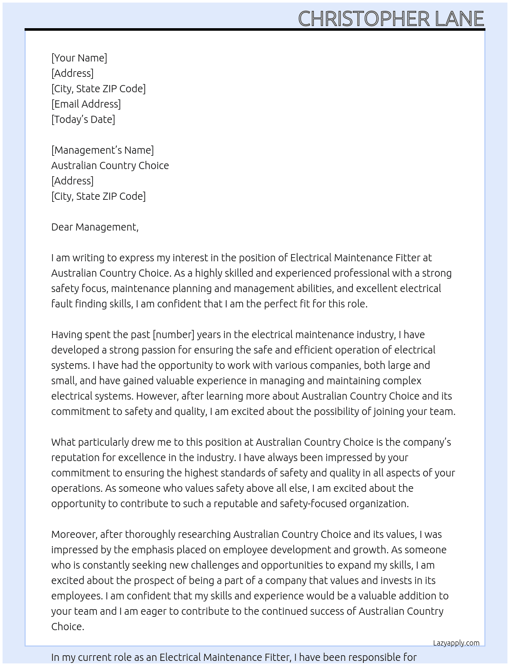 Electrical Maintenance Fitter At Australian Country Choice Cover Letter