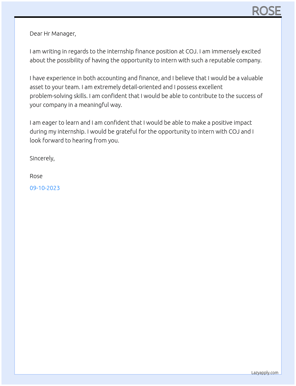 internship finance  At COJ Cover Letter