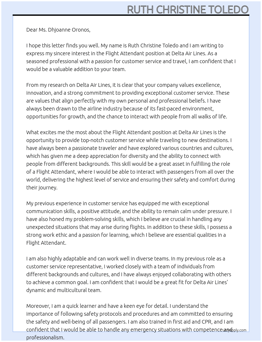 flight attendant At delta Air lines Cover Letter