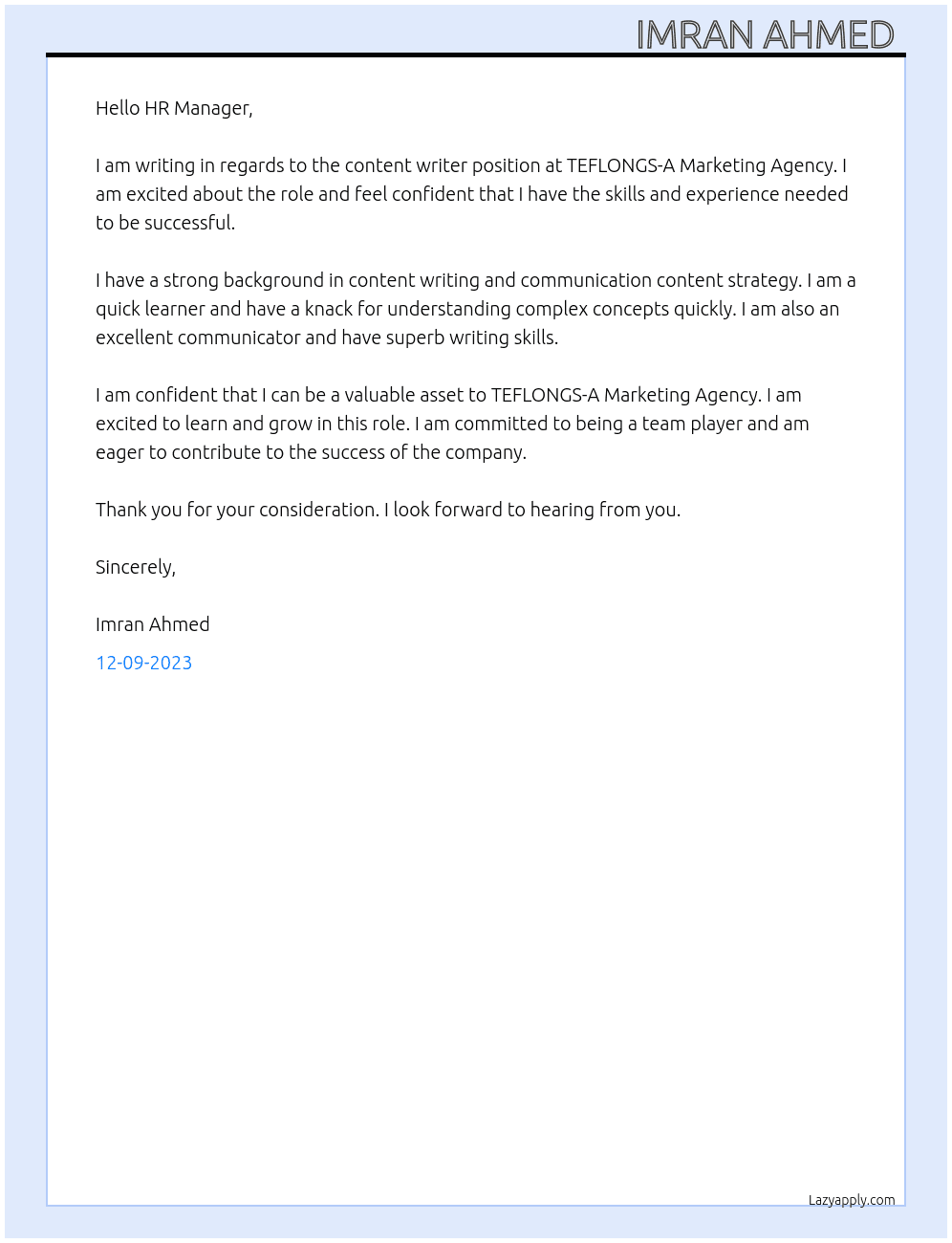 Content writer  At TEFLONGS-A Marketing Agency ki Cover Letter