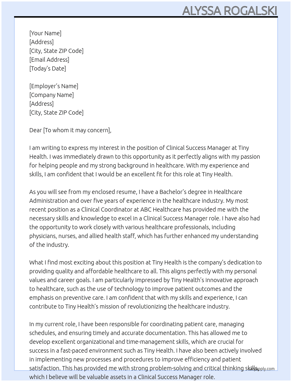 Cover letter for clinical success manager - LazyApply