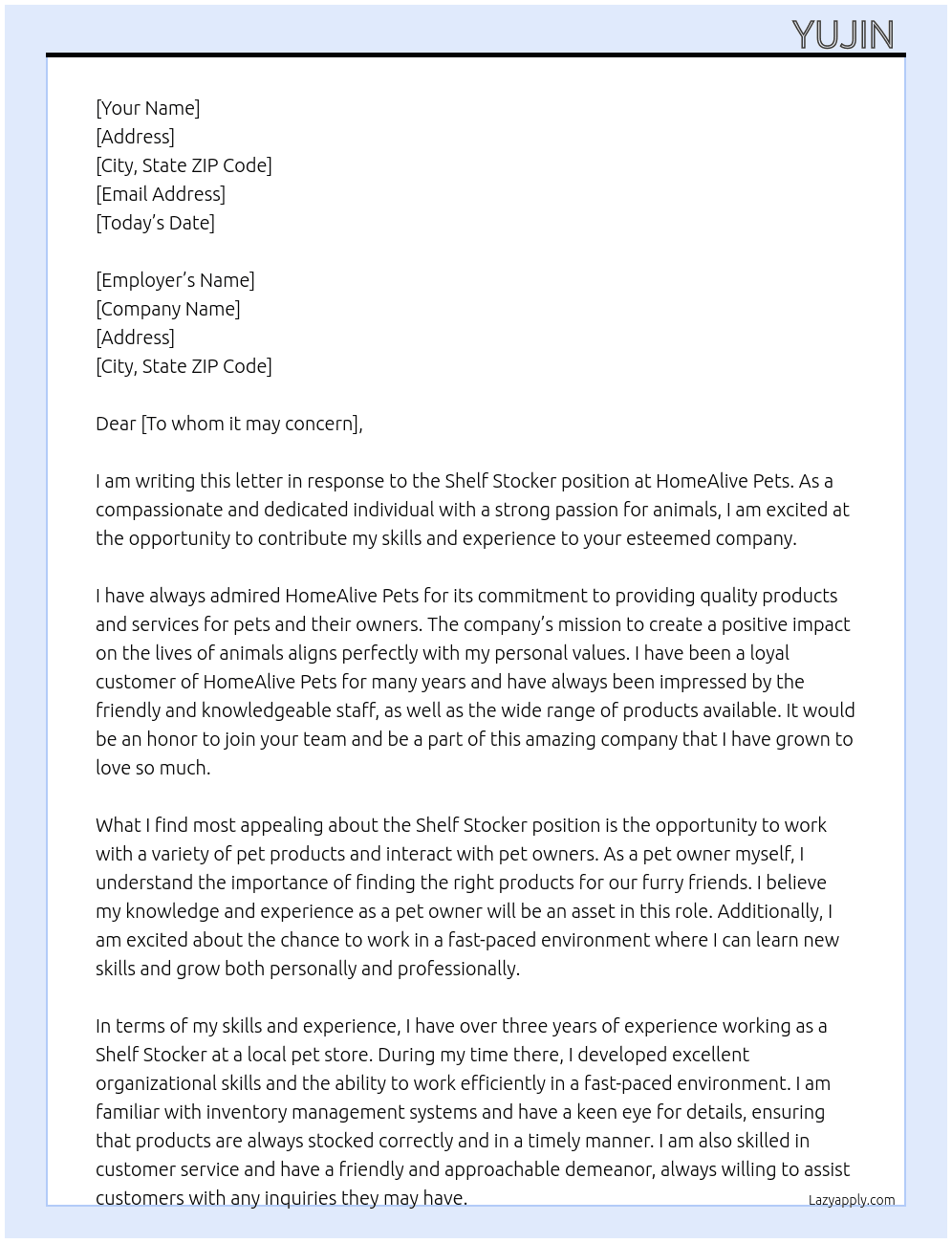 Shelf Stocker At HomeAlive Pets Cover Letter