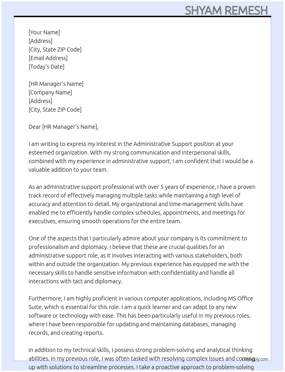 Administrative support  At No name Cover Letter