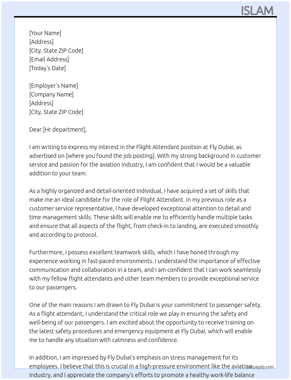 Flight attendant At Fly dubai Cover Letter