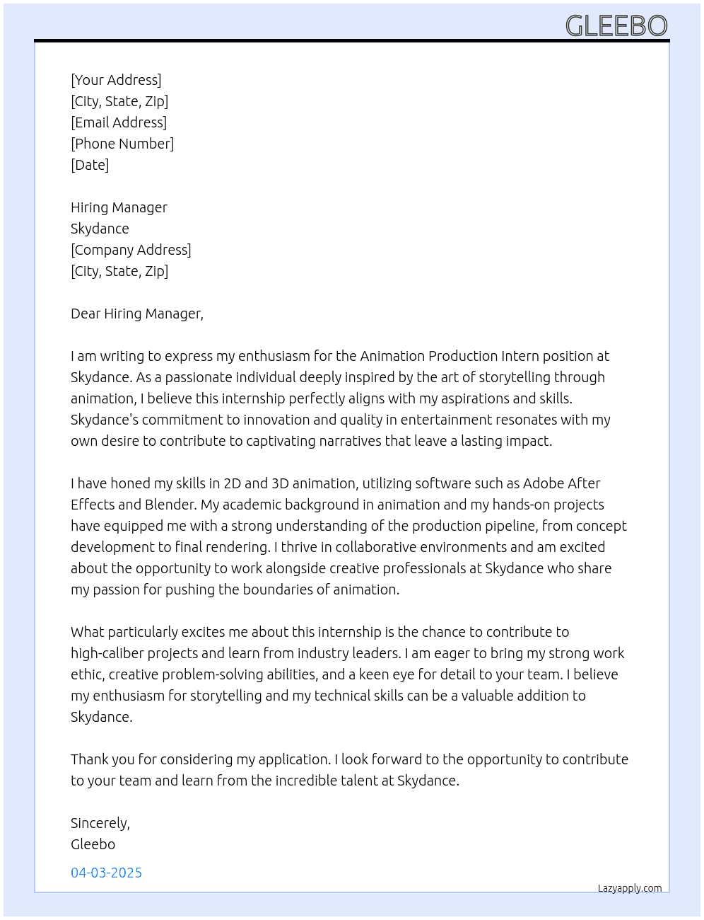 Animation Production Intern At Skydance Cover Letter