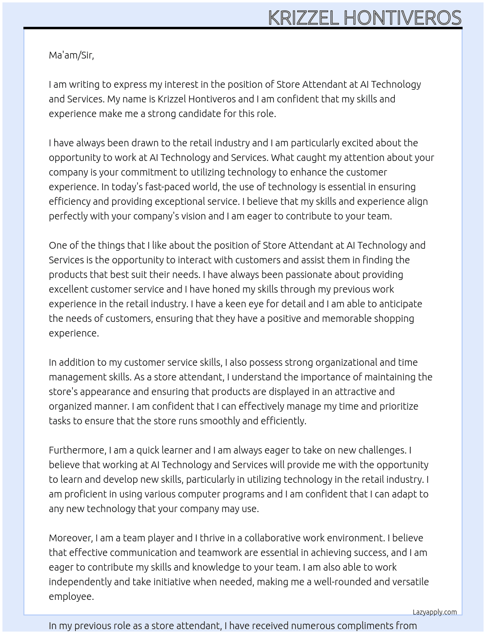 Store attendant  At AI TECHNOLOGY AND SERVICES Cover Letter
