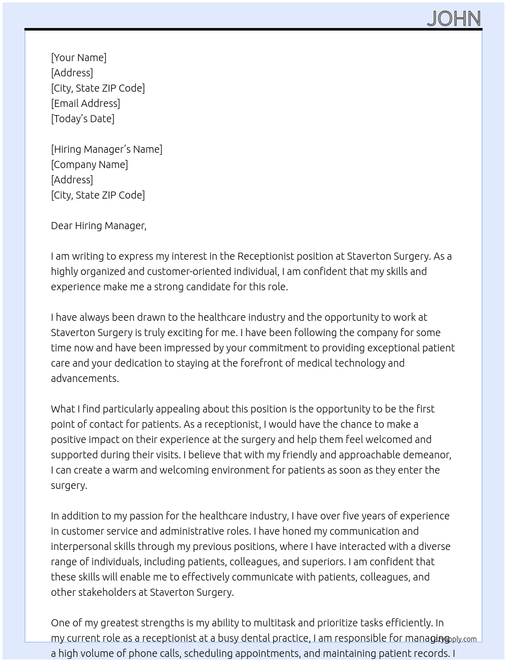 Receptionist At Staverton Surgery  Cover Letter