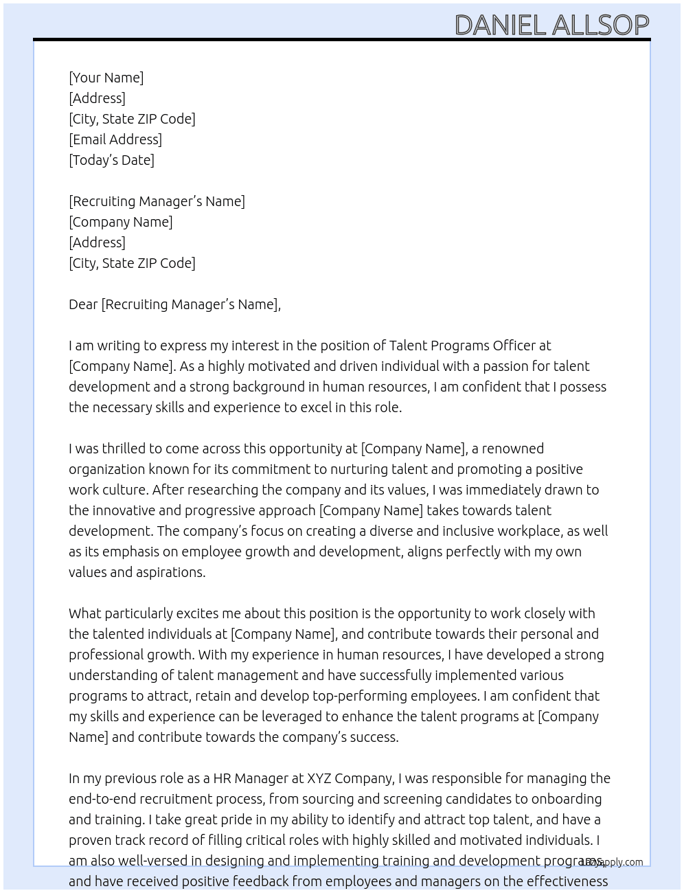 Talent Programs Officer At WAFC Cover Letter