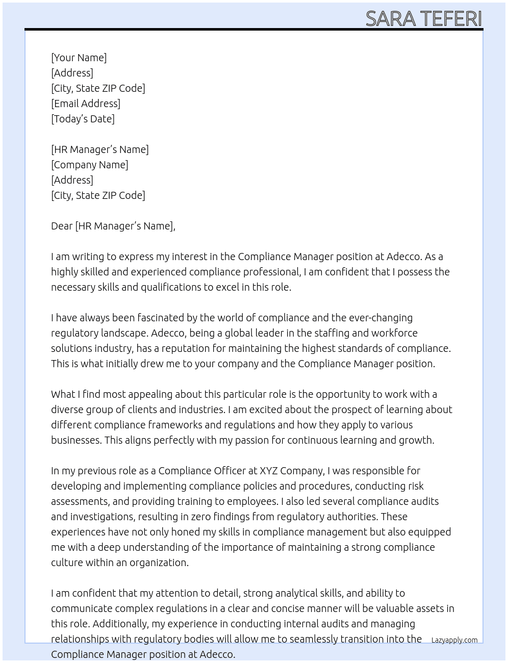 Compliance Manager At Adecco Cover Letter