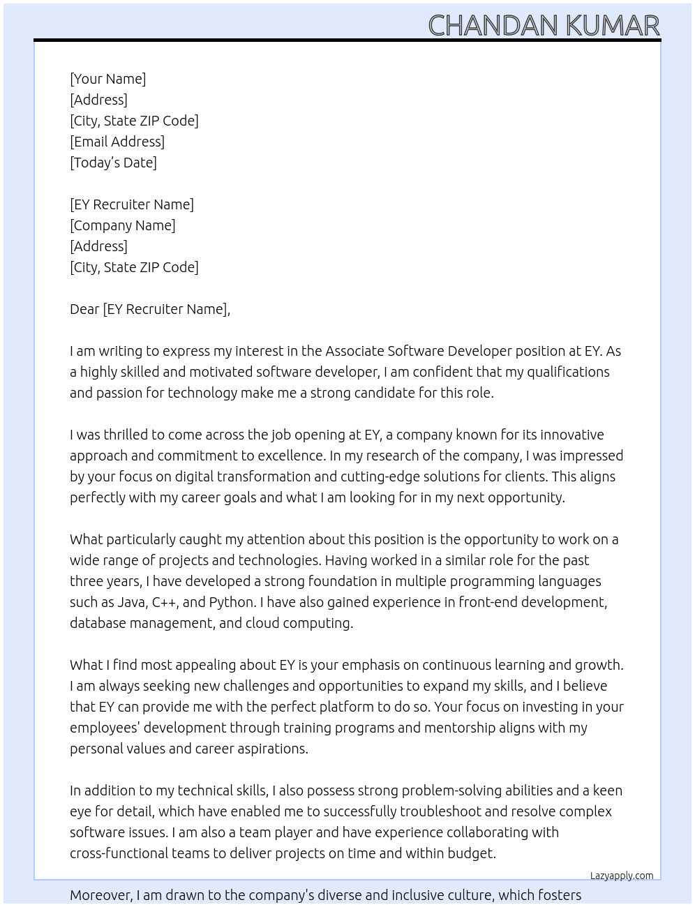 Associate Software Developer At EY Cover Letter