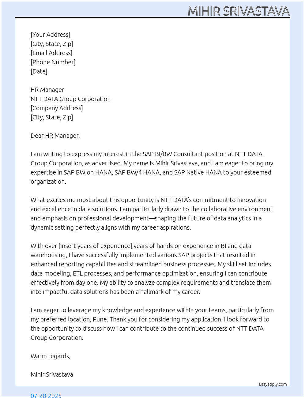 SAP BI/BW Consultant At NTT DATA Group Corporation Cover Letter