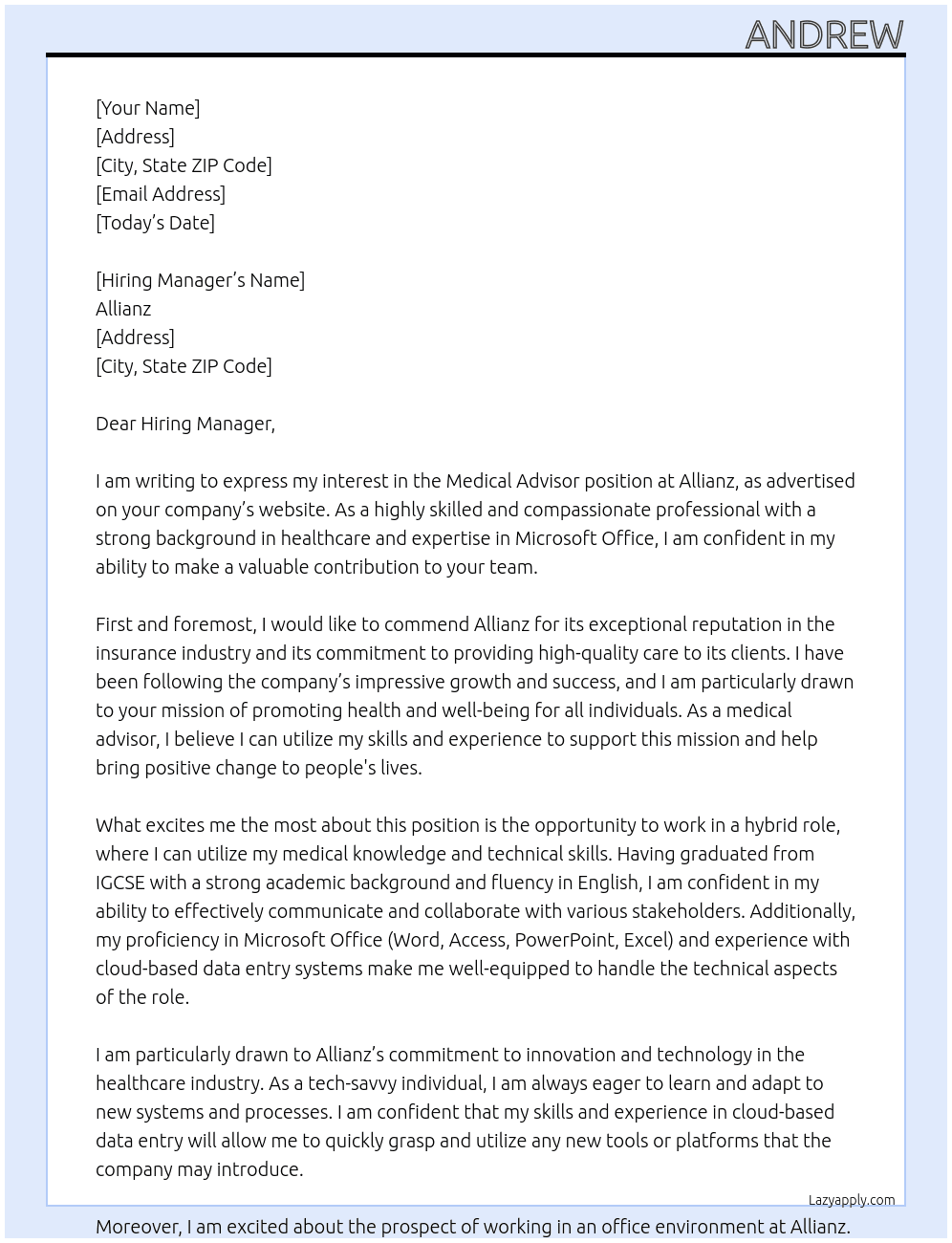 Medical Advisor At Allianz Cover Letter