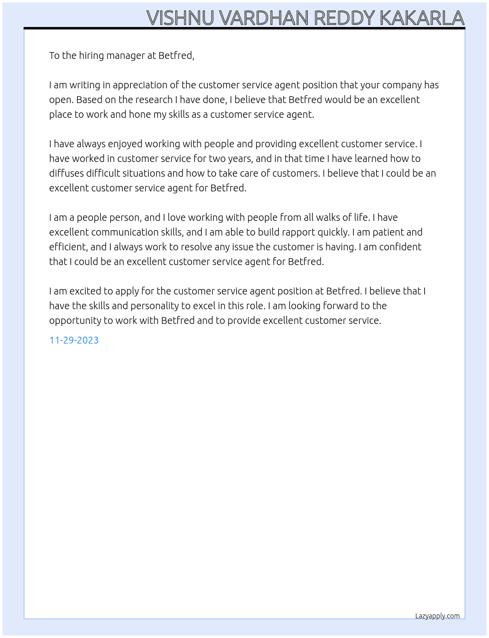 customer service agent At BETFRED Cover Letter