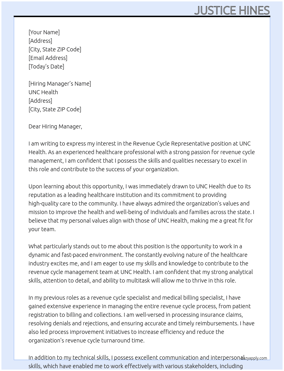 REVENUE CYCLE REPRESENTATIVE At UNC Health Cover Letter