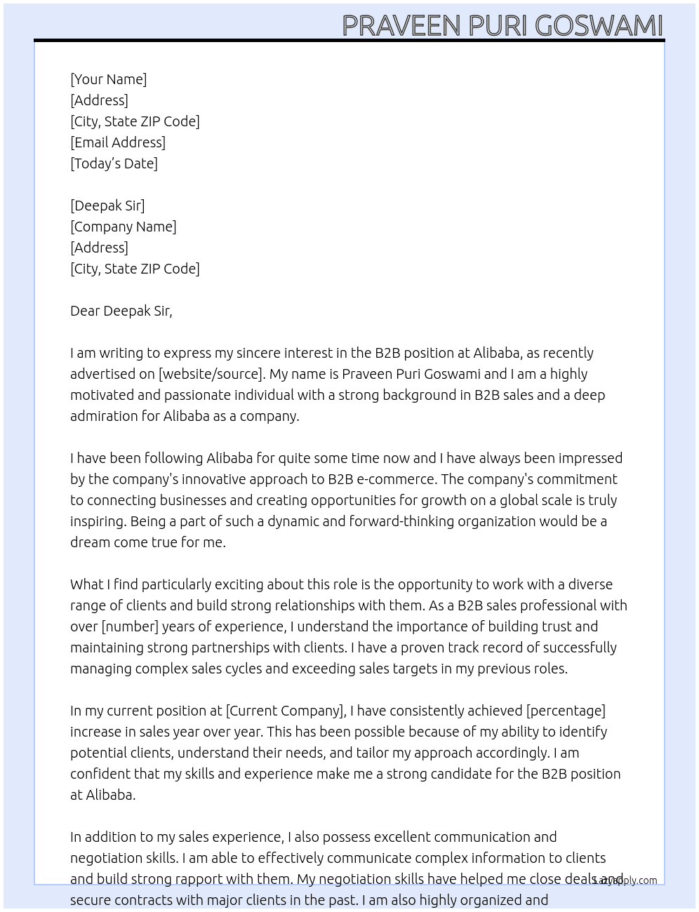 B2B At Alibaba Cover Letter