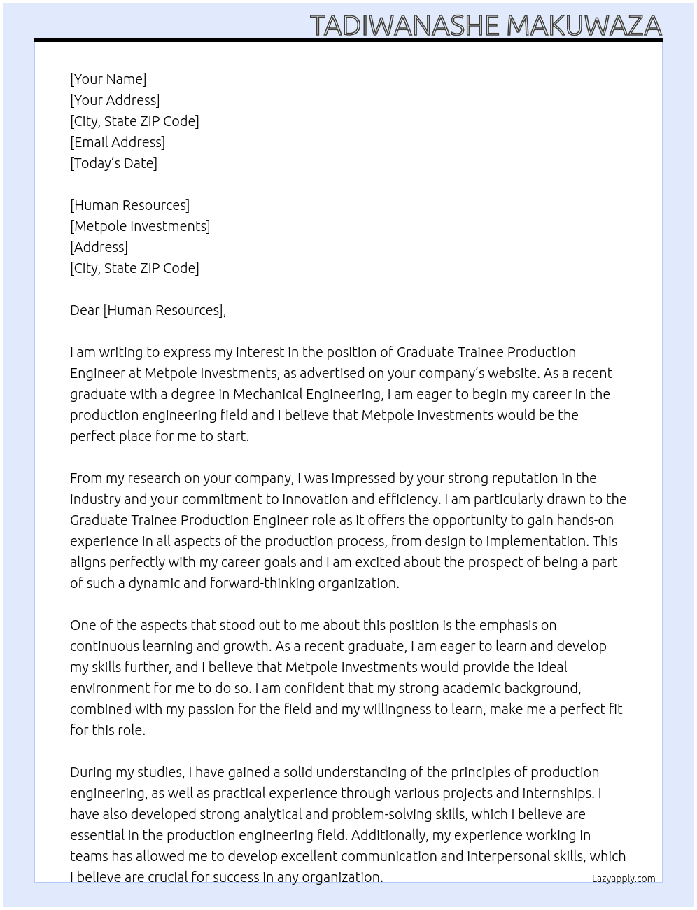 Graduate Trainee Production Engineer At Metpole Investments Cover Letter