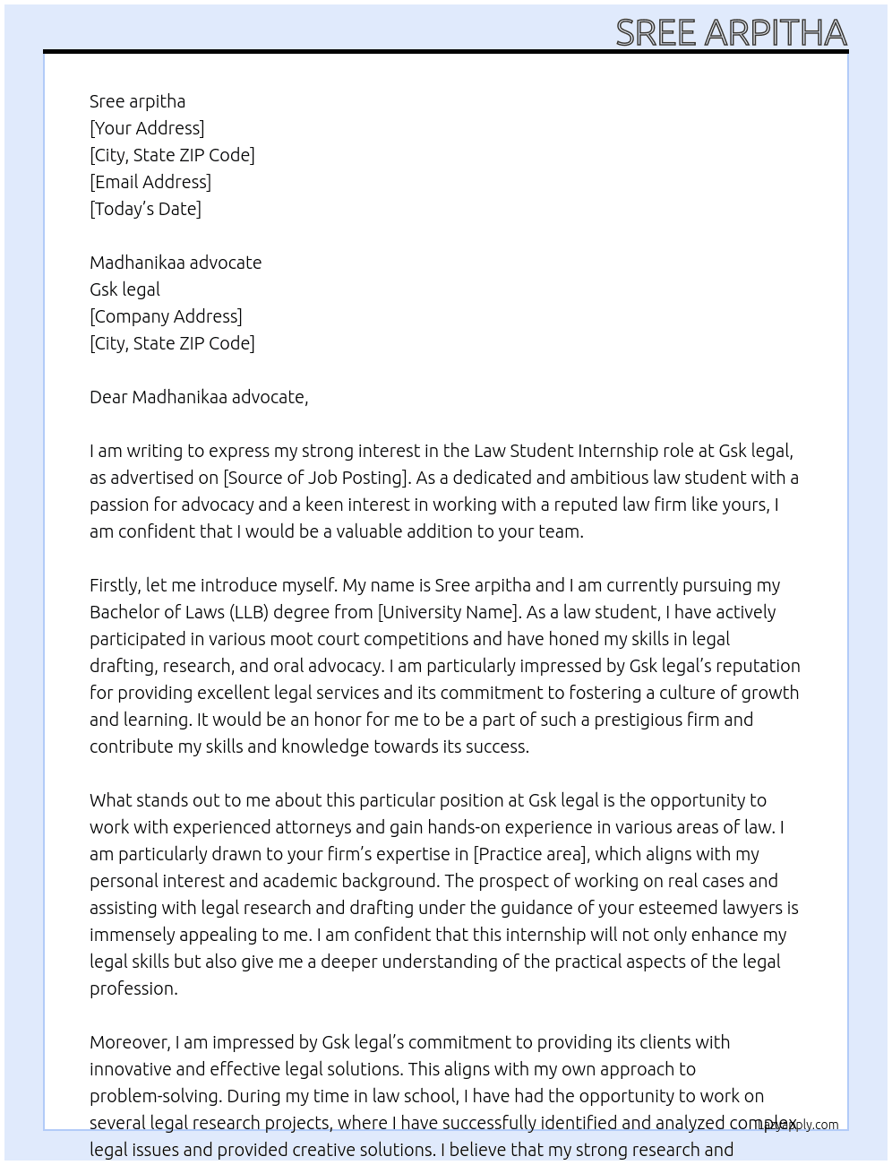 Law student At Gsk legal Cover Letter