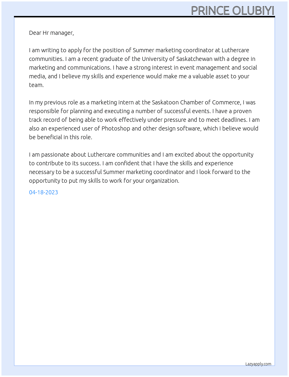 Summer marketing coordinator  At Luthercare communities Cover Letter