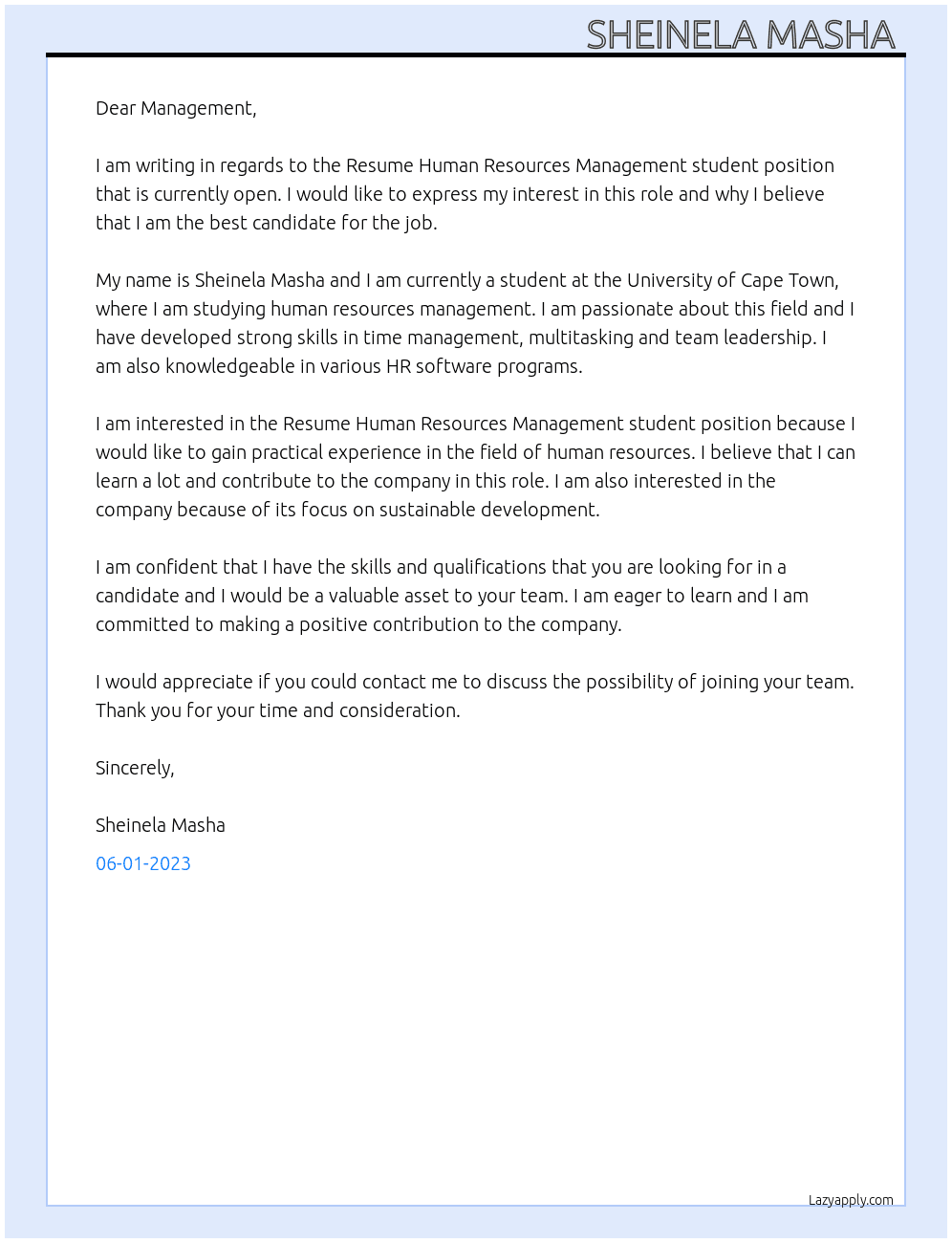 Resume Human Resources Management student  At MODIKWA PLATINUM MINE Cover Letter