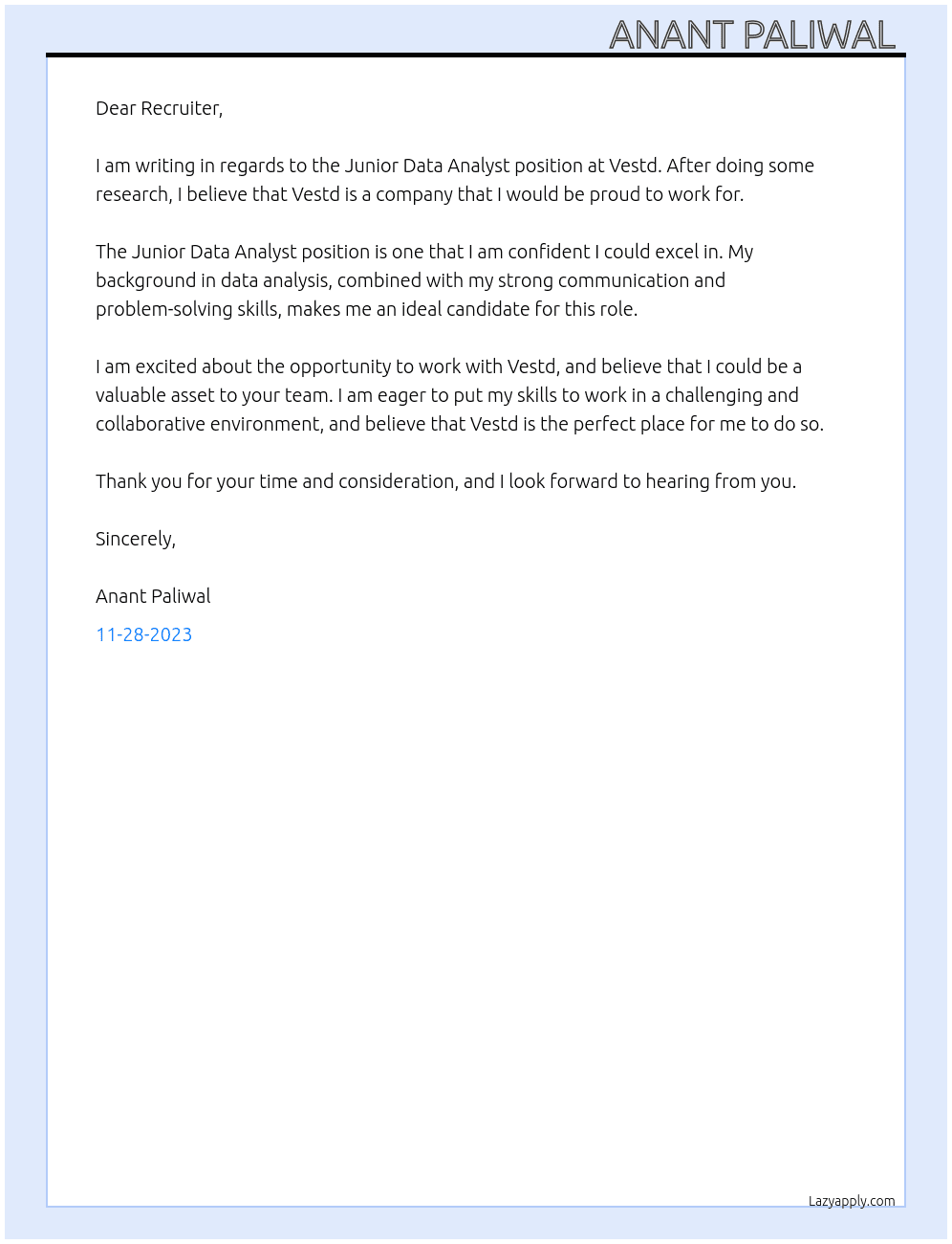 Junior Data Analyst  At Vestd Cover Letter
