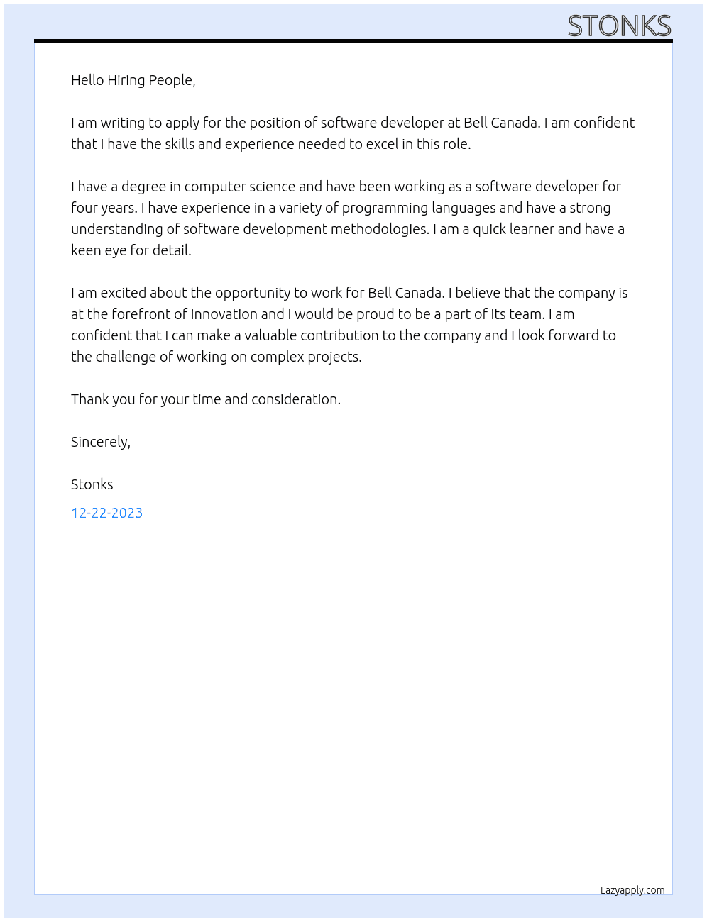 software developer At Bell Canada Cover Letter