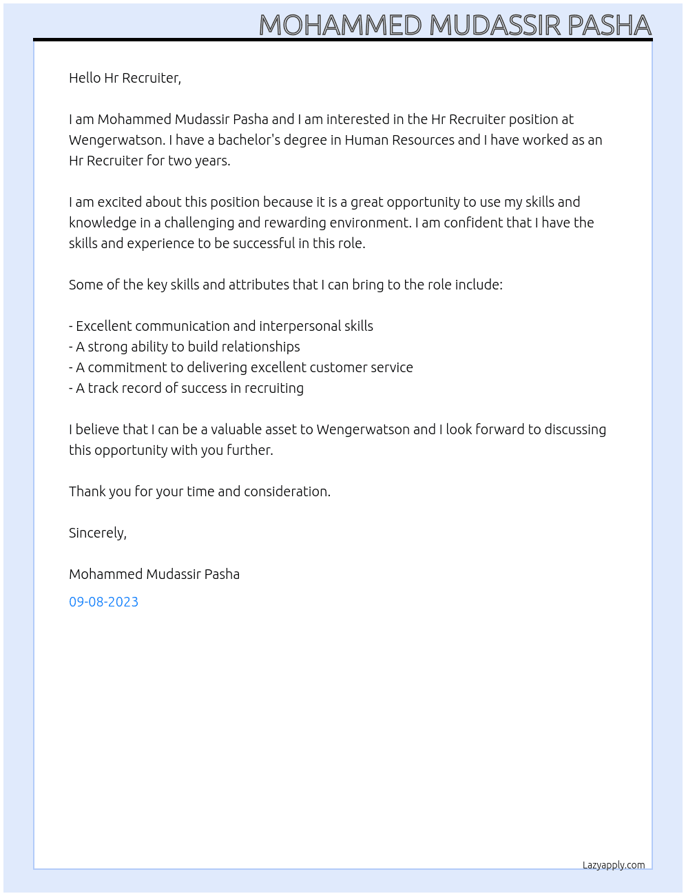 Hr Recruiter  At wengerwatson Cover Letter