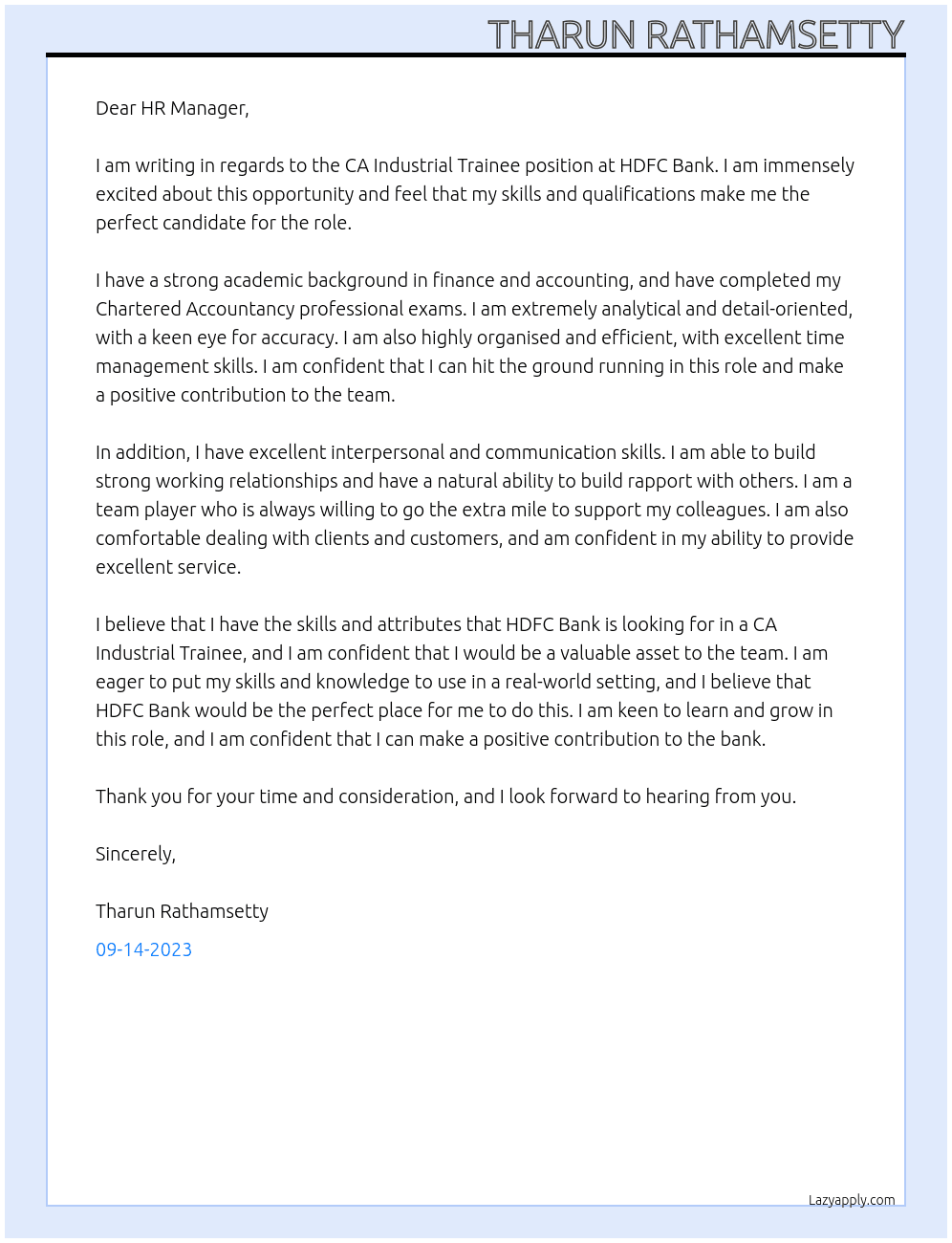 CA Industrial Trainee At HDFC Bank Cover Letter