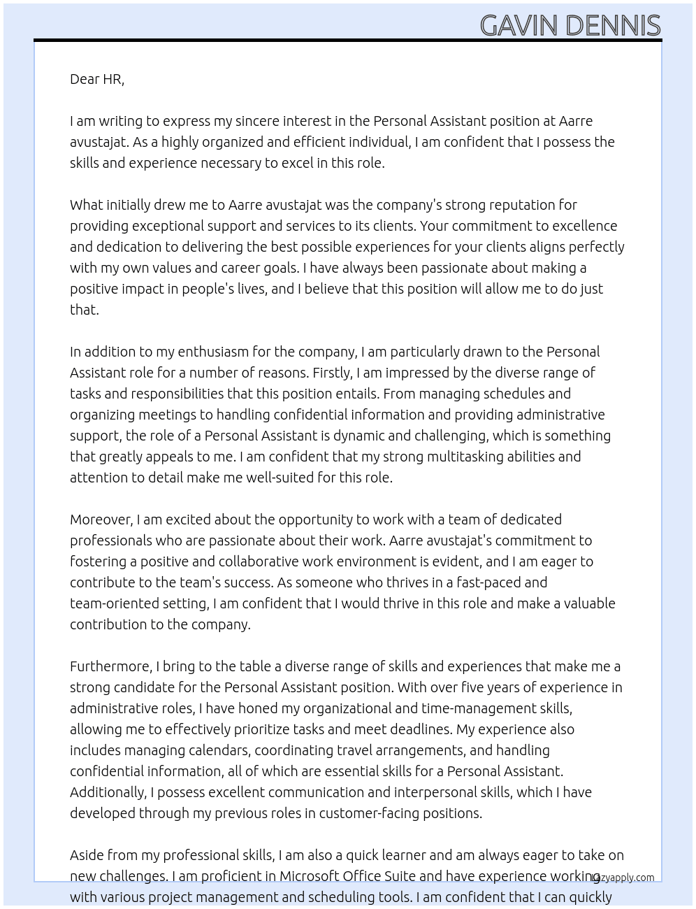 Personal assistant At Aarre avustajat Cover Letter