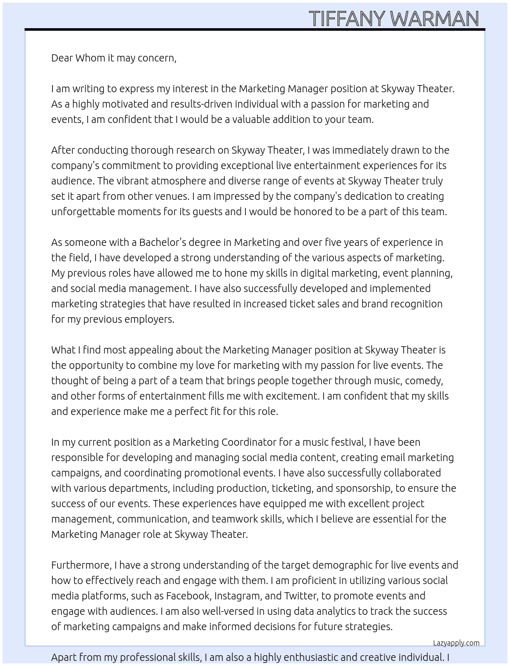 Marketing Manager At Skyway Theater Cover Letter