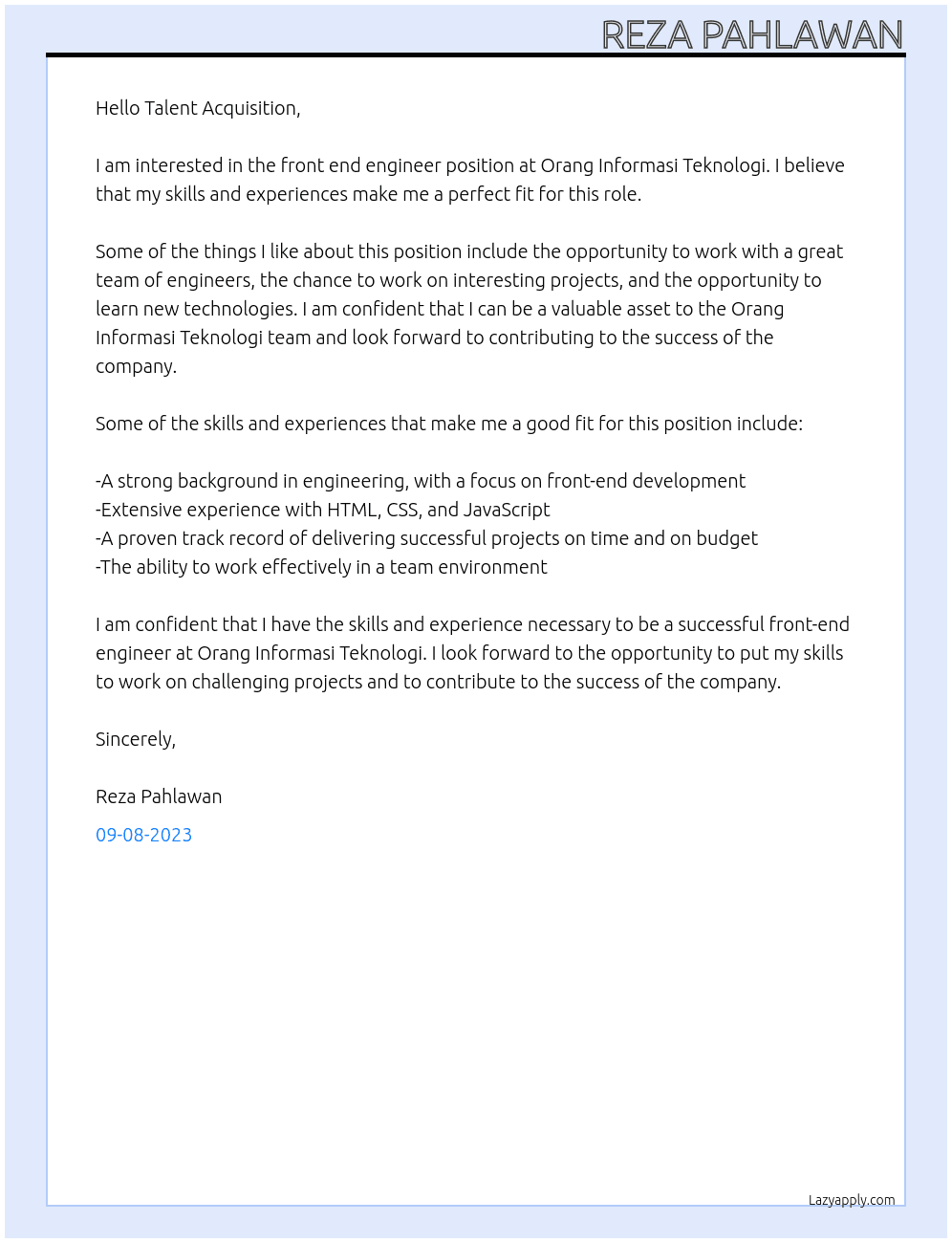 Front end engineer At Orang Informasi Teknologi Cover Letter
