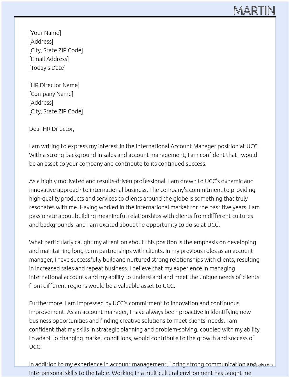 international account manager At UCC Cover Letter