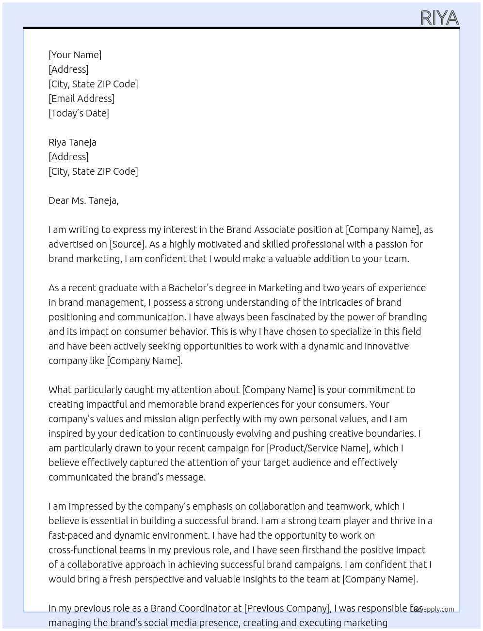 Brand Associal At Riya Taneja Cover Letter