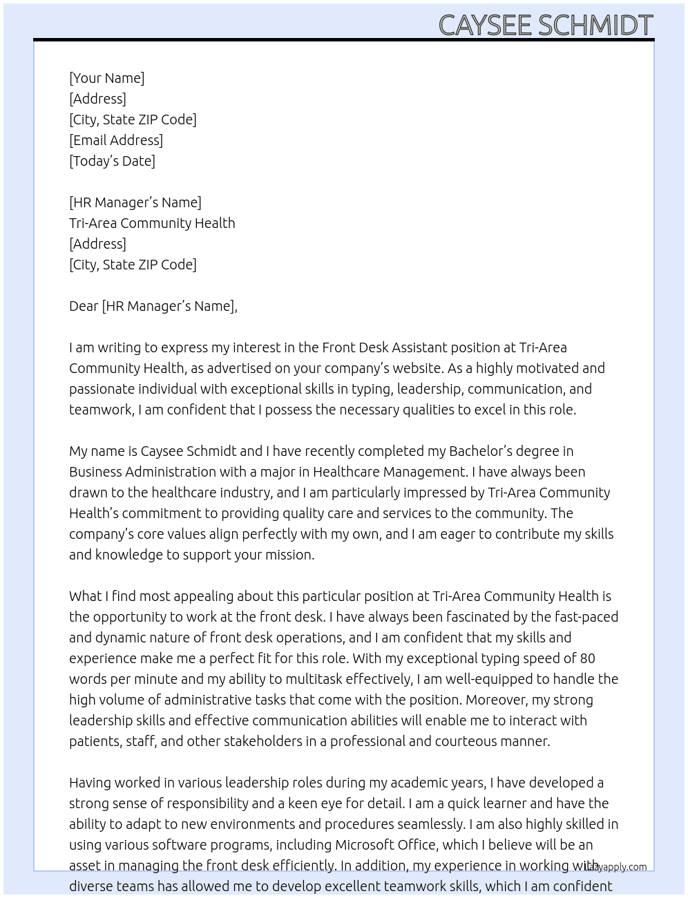 Front Desk Assisiant At Tri-Area Community Health Cover Letter