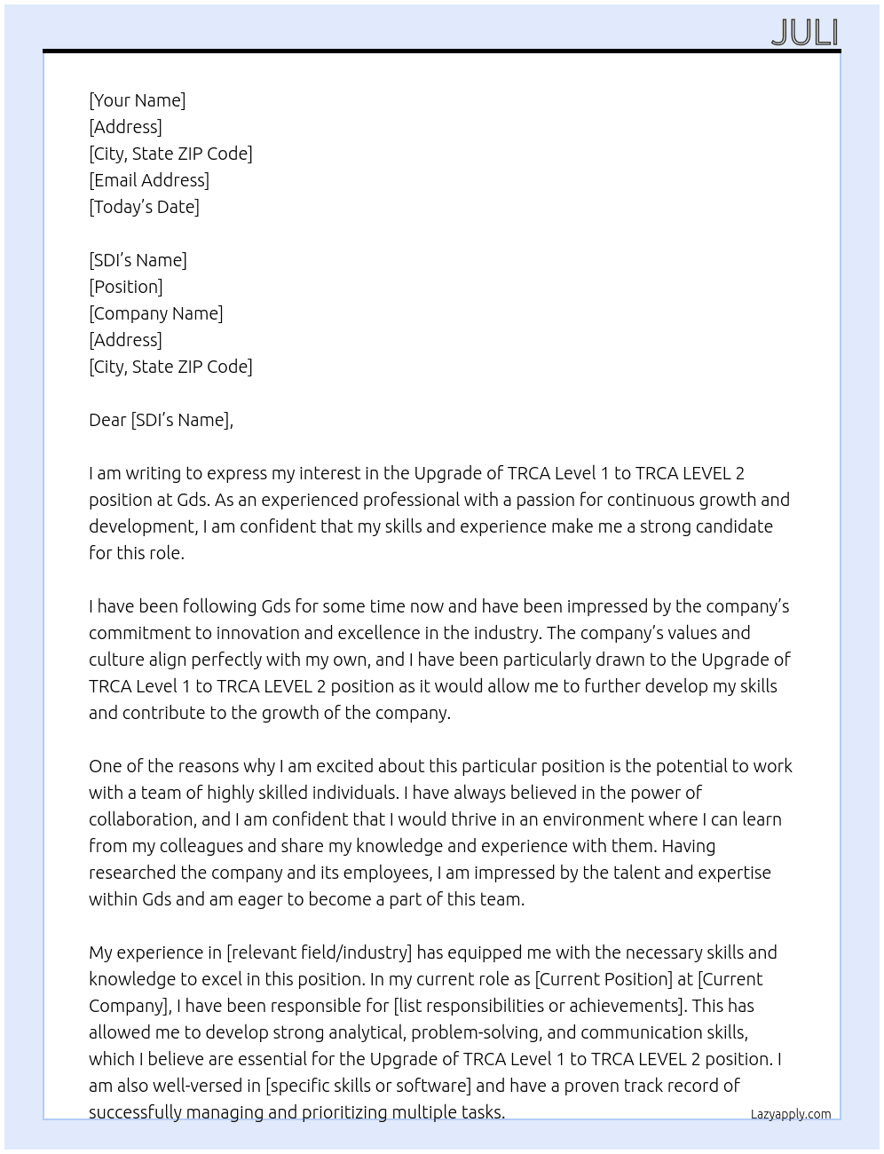 Upgrade of TRCA Level 1 to TRCA LEVEL 2 At Gds Cover Letter