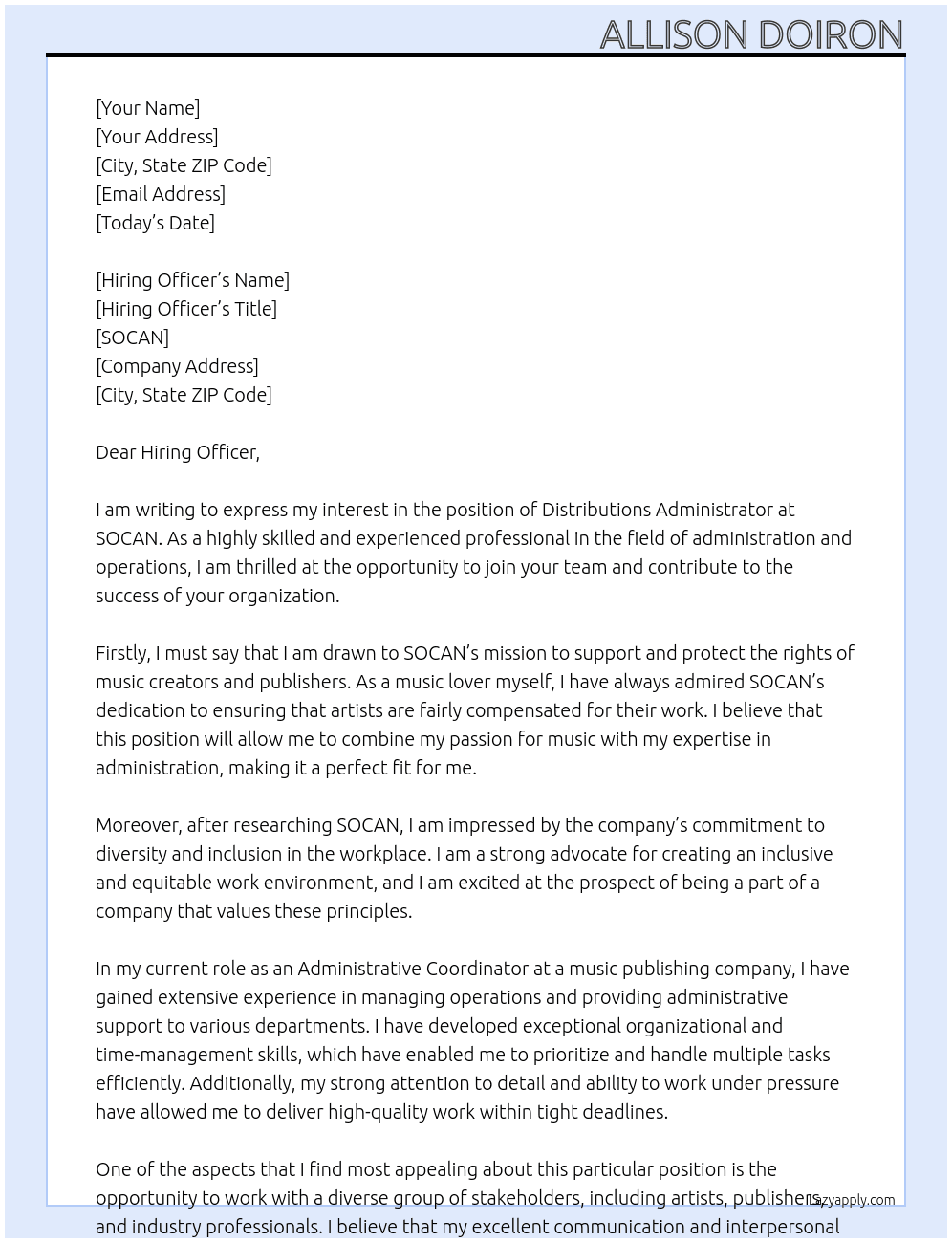 Distributions Administrator At SOCAN Cover Letter