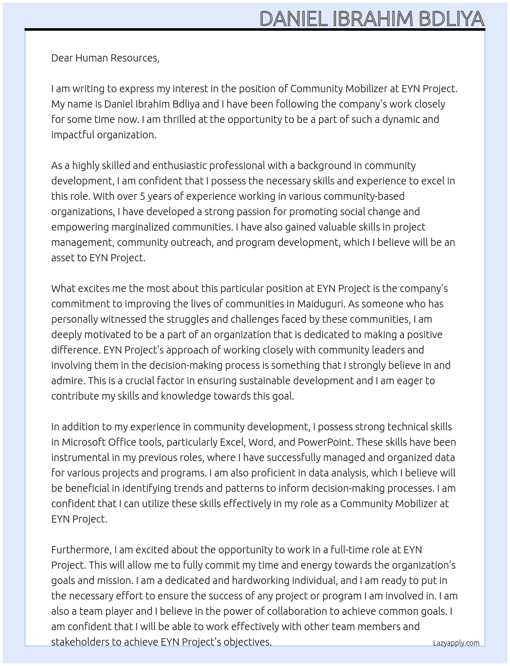 Community Mobilizer At EYN Project  Cover Letter